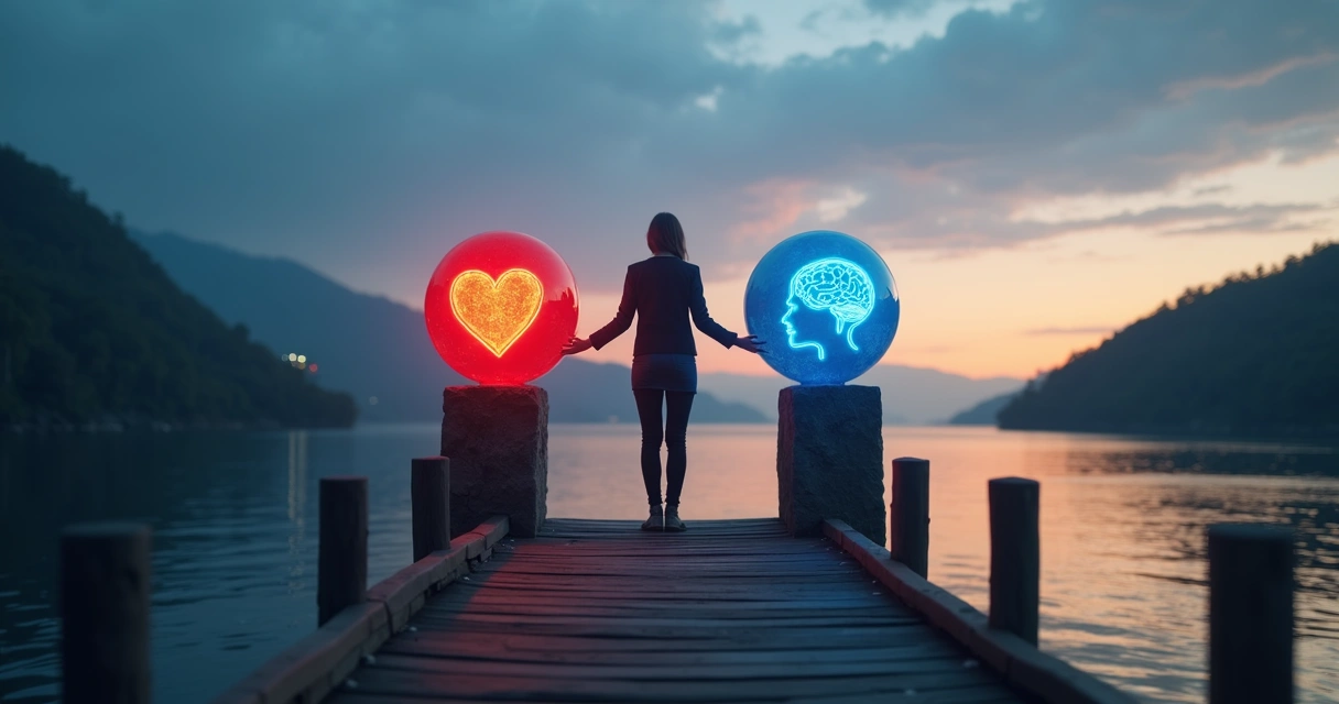 Pessoa equilibrando símbolos de emoção e razão 