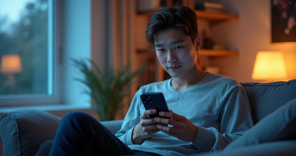 Pessoa segurando smartphone com redes sociais enquanto mantém expressão calma e conectada consigo mesma 