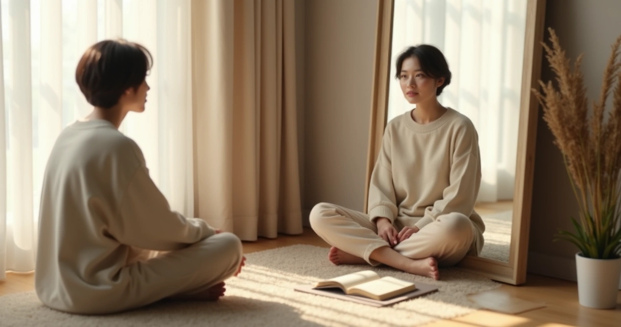 Pessoa sentada refletindo diante de espelho com expressão serena