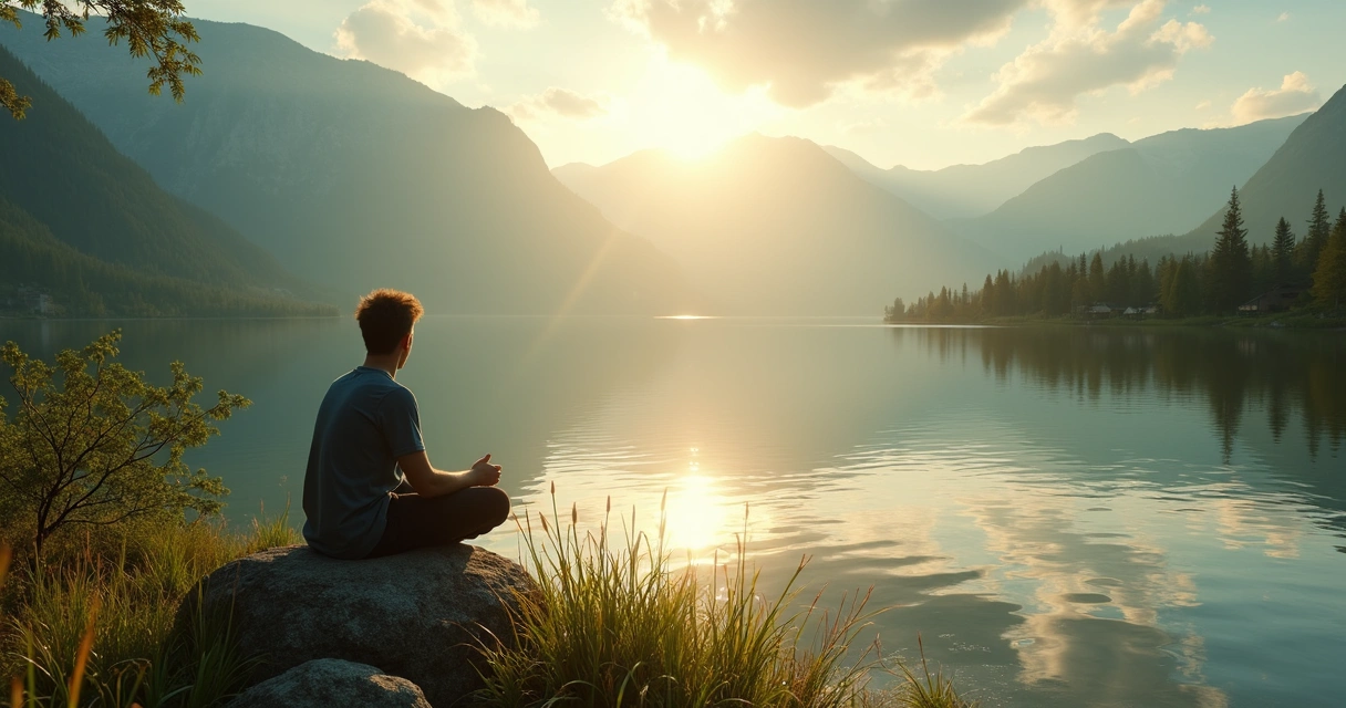 Pessoa em reflexão sentada à beira de um lago rodeado de natureza 