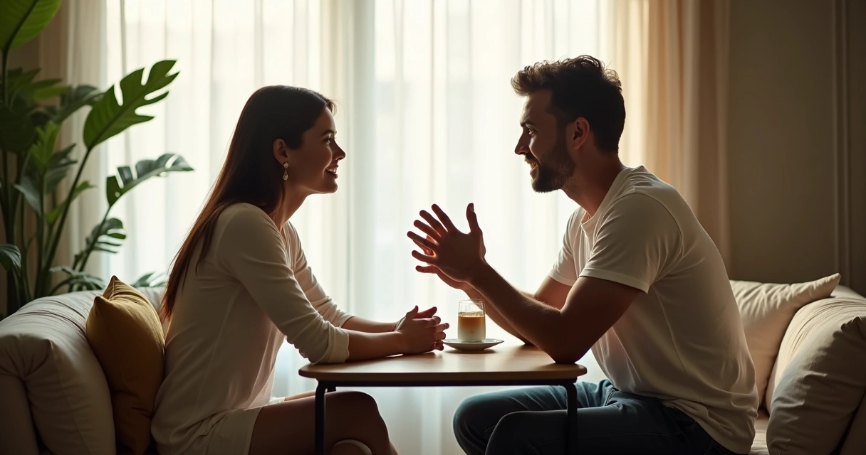 Duas pessoas sentadas frente a frente trocando olhares, demonstrando equilíbrio emocional. 