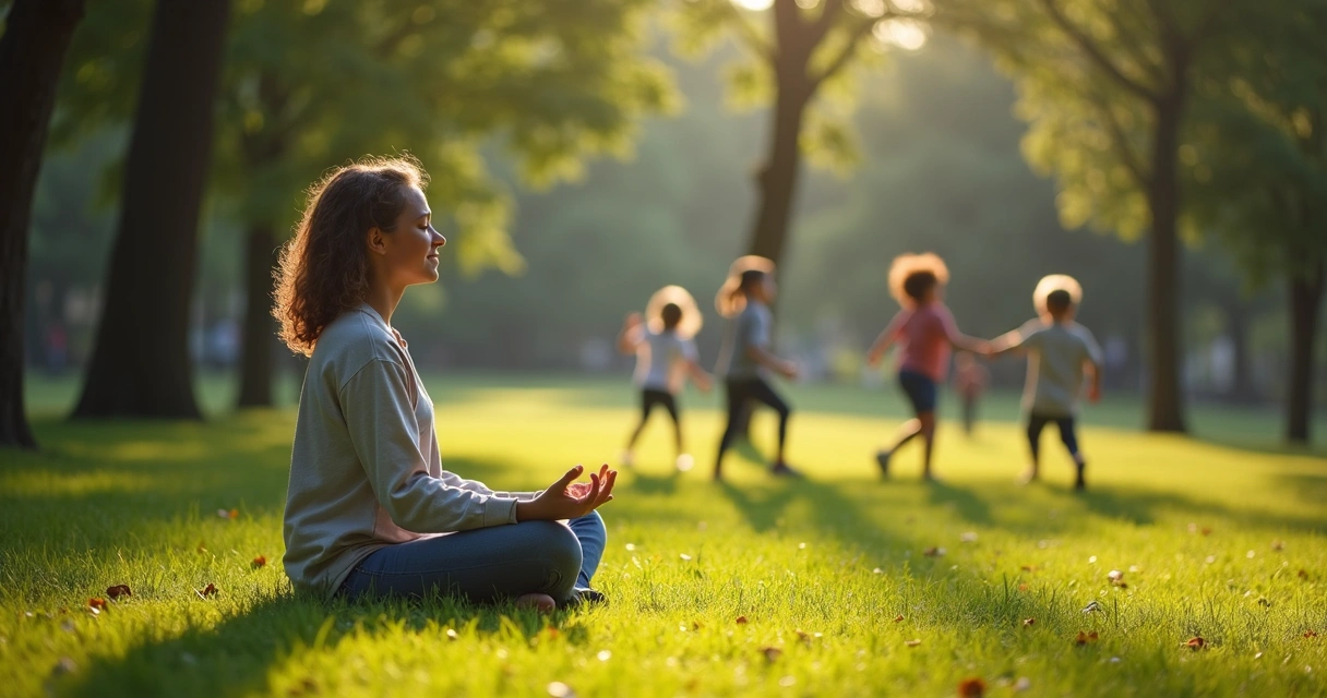 Pessoa em um parque praticando meditação em postura tranquila, com crianças brincando ao fundo, simbolizando equilíbrio entre interior e social. 