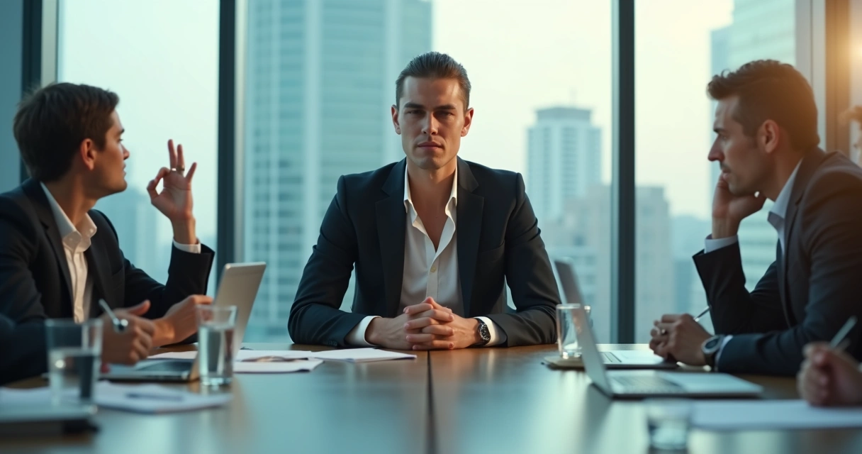 Pessoa mantendo a calma em reunião tensa em sala de escritório moderna 