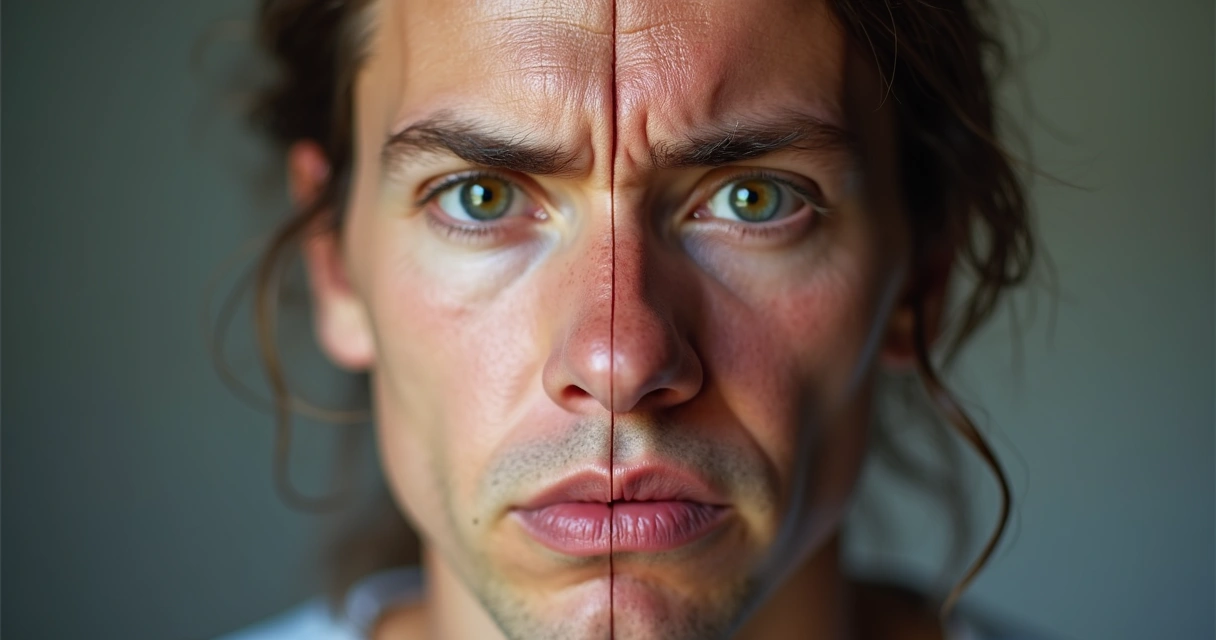 Rosto dividido, metade calmo, metade com expressão de raiva 