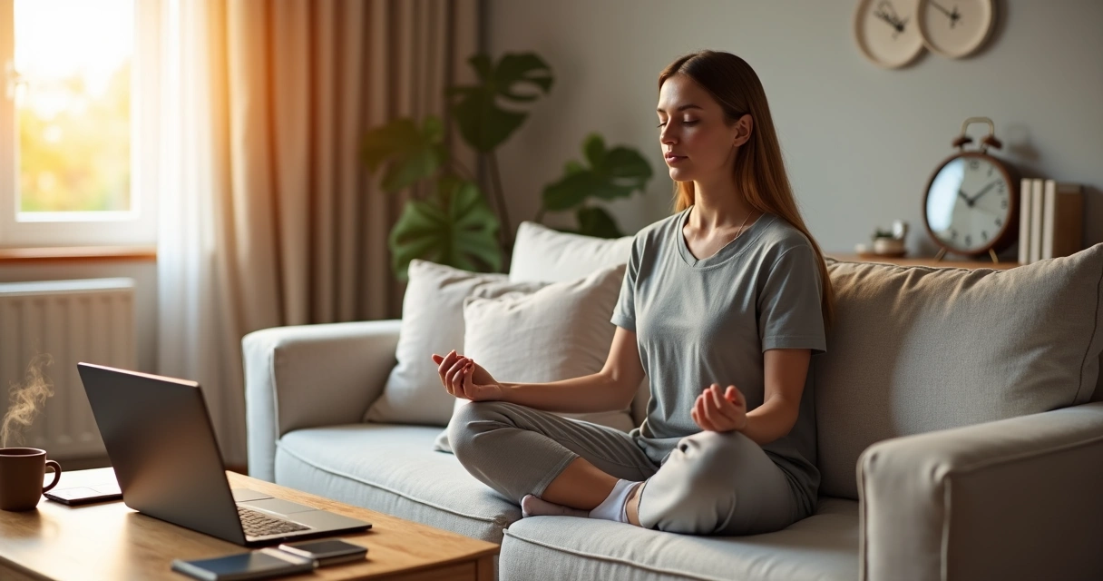 Pessoa relaxando em sofá com elementos da rotina ao redor simbolizando equilíbrio emocional 
