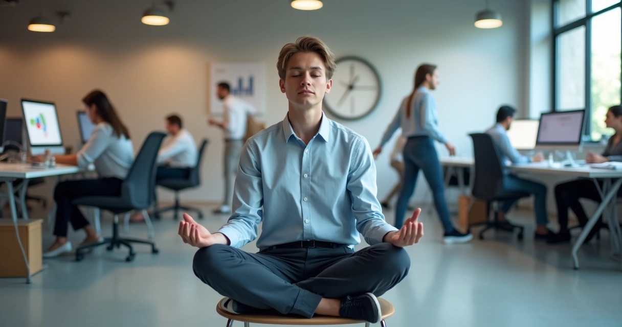 Pessoa sentada em posição de meditação em meio a escritório agitado 