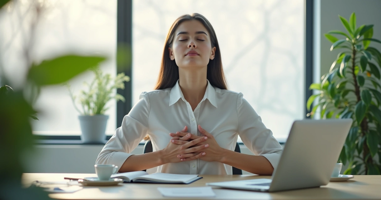 Persona haciendo ejercicios de respiración en su escritorio 