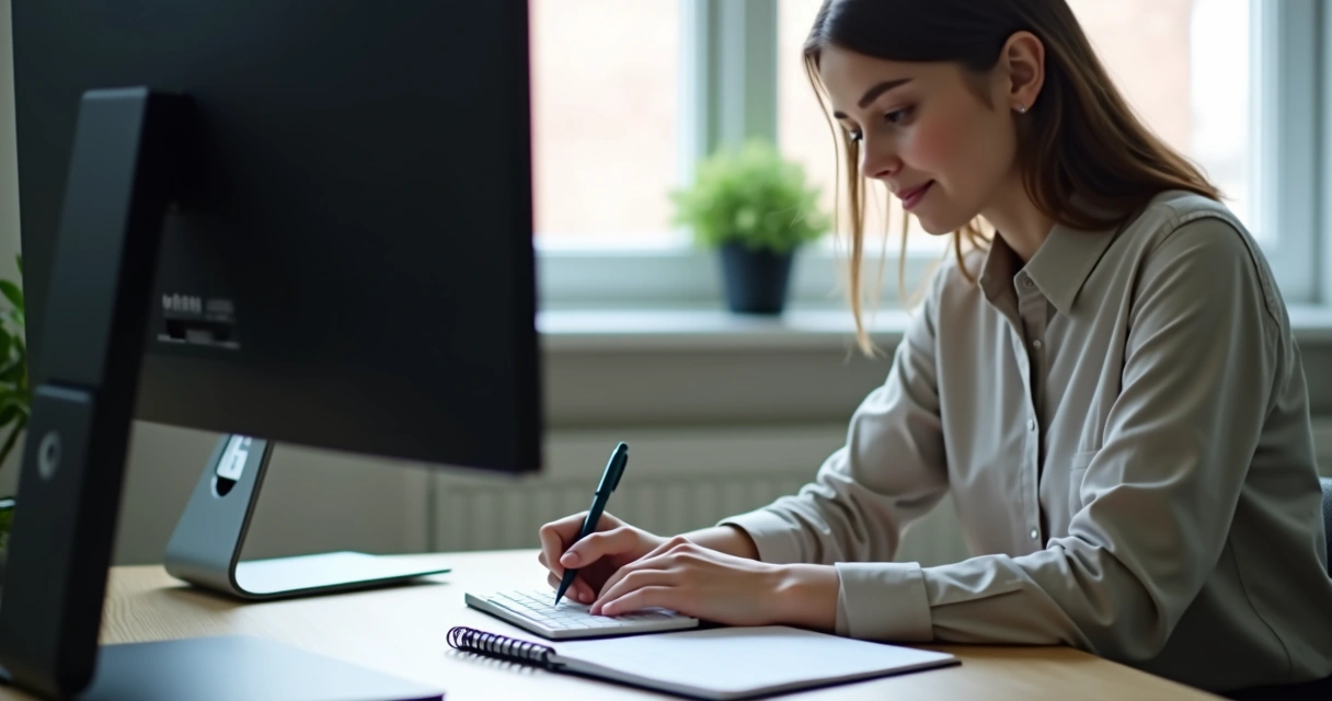 Persona tomando notas, calmada frente a la computadora