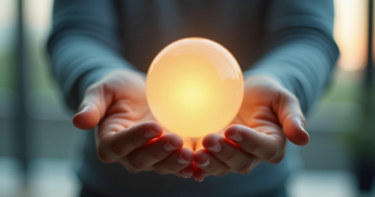 Duas mãos equilibrando uma pequena esfera brilhante sobre fundo desfocado de escritório