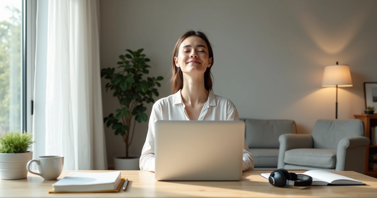Profissional em home office praticando equilíbrio emocional durante o trabalho remoto 