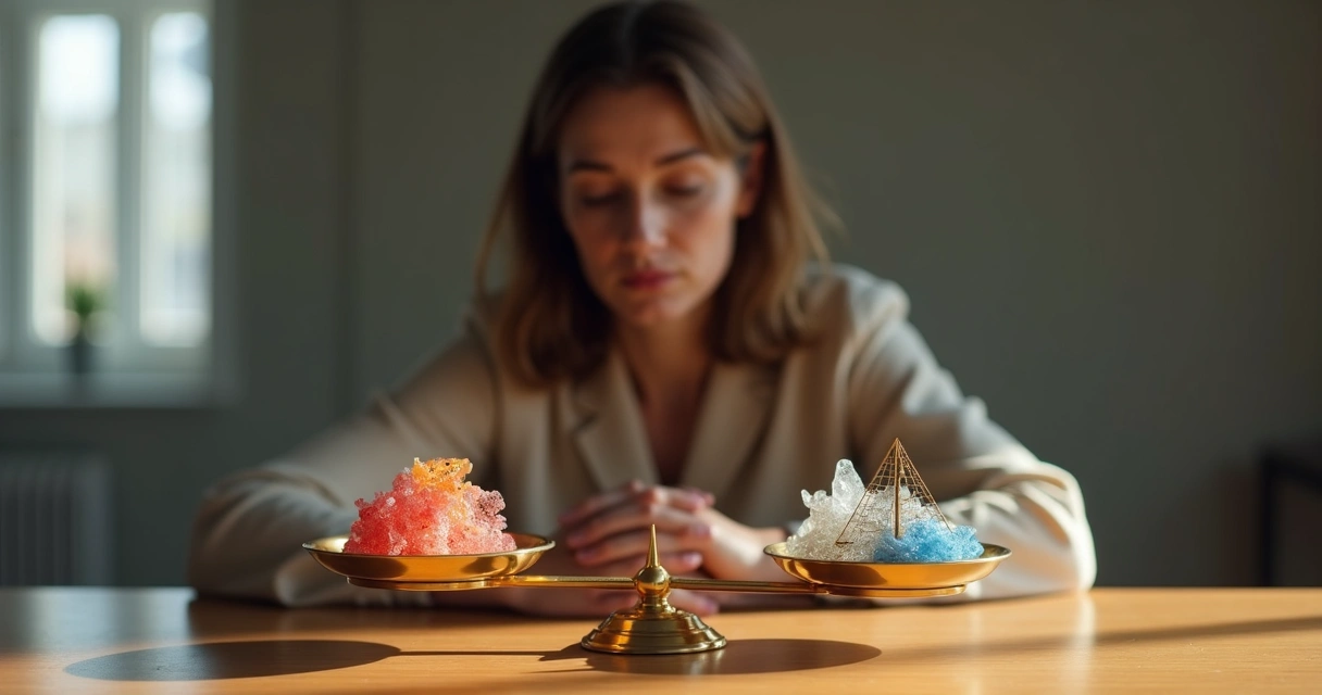 Persona reflexionando ante una balanza que contrasta emociones y decisiones éticas 