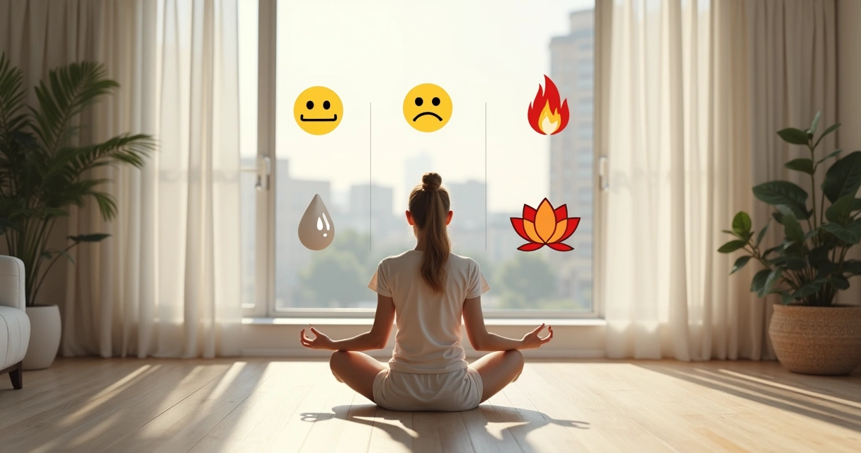 Pessoa sentada refletindo em equilíbrio com ícones de diferentes emoções ao redor 