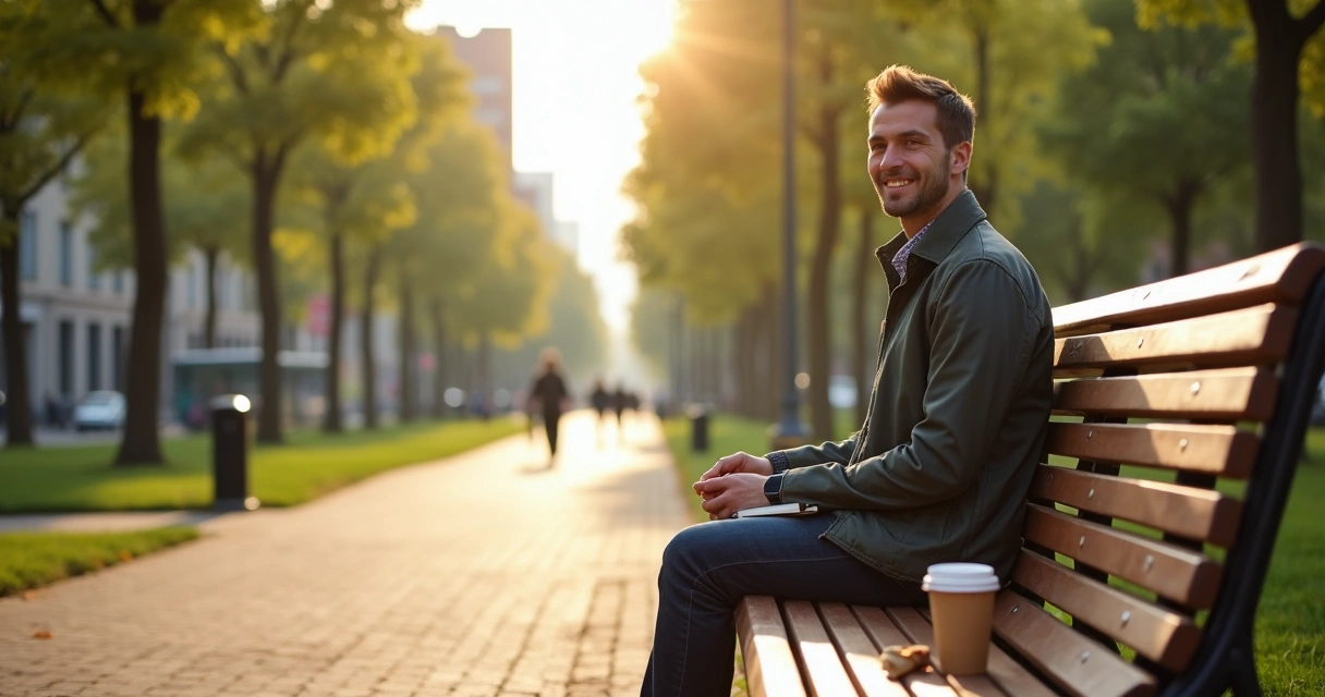 Pessoa em banco de praça observando café derramado ao lado com expressão calma 