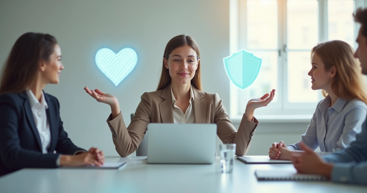 Profissional sentado em mesa de reunião equilibrando símbolos de empatia e limites em cada mão 