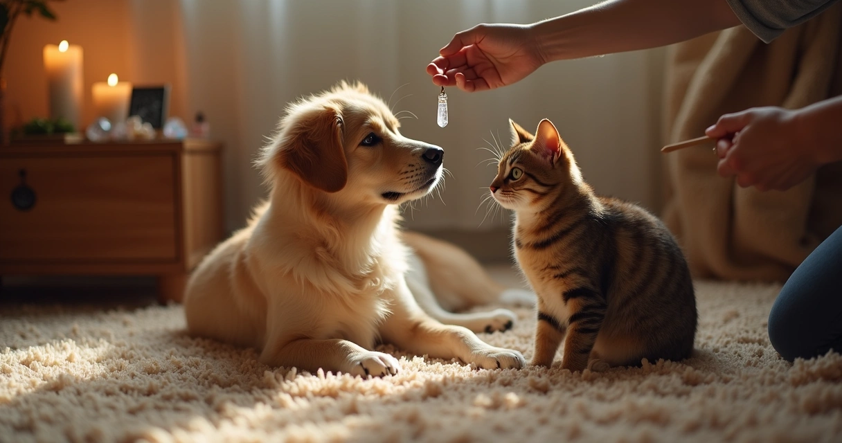 Pêndulo radiestésico sobre cão tranquilo, mesa com cristais e ambiente de aura brilhante 