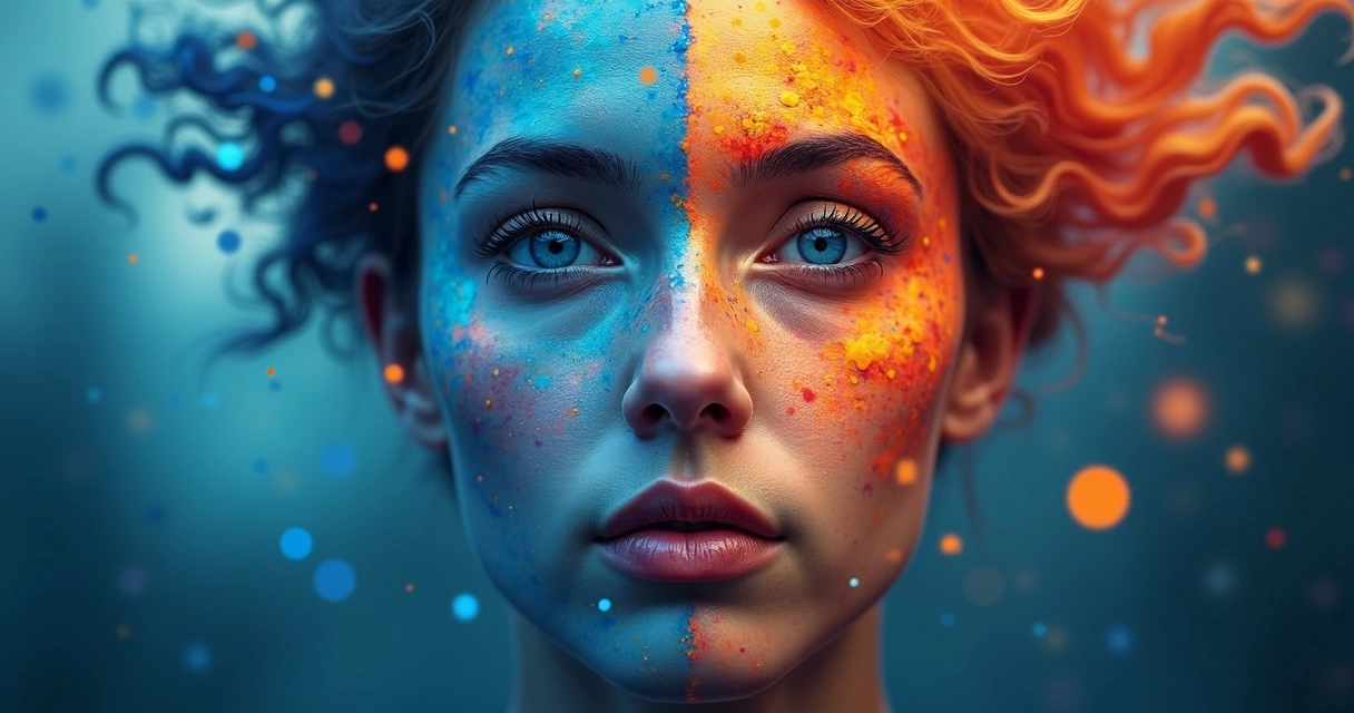 Pessoa com metade do rosto representada por formas lógicas e a outra metade representando emoções coloridas. 