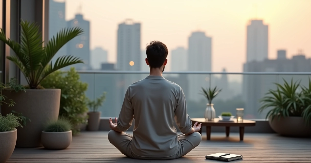 Persona meditando en azotea tranquila con ciudad al fondo 