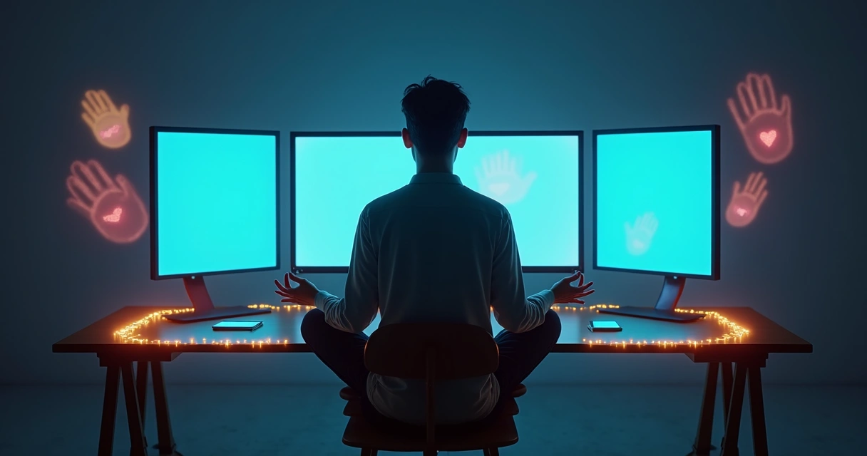 Pessoa meditando em frente a várias telas de redes sociais brilhando 