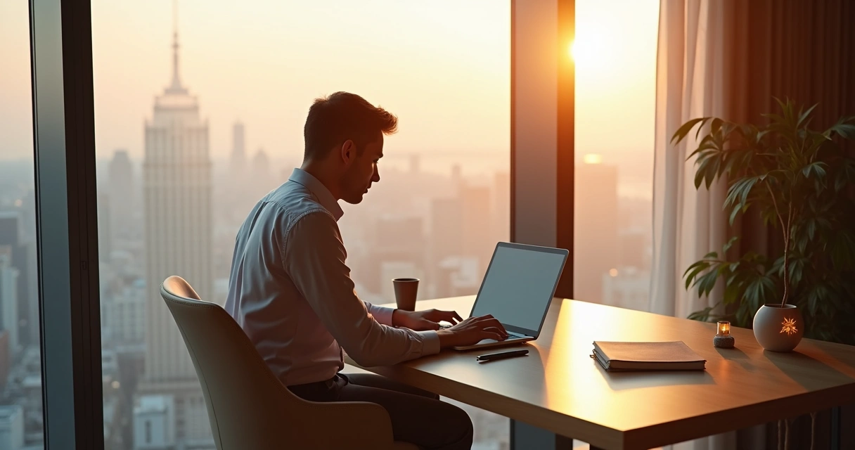 Profissional em escritório moderno com símbolos sutis de espiritualidade ao redor 