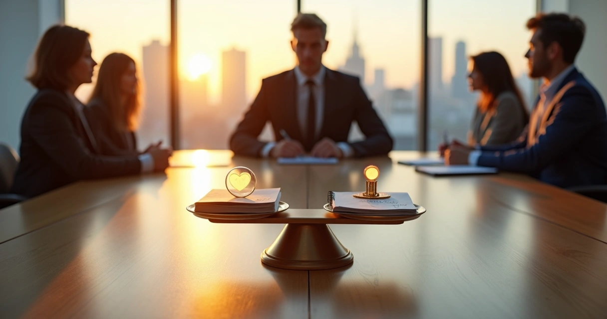 Executivo em mesa de reunião equilibrando símbolos de ética pessoal e corporativa 