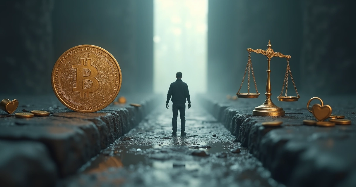 Pessoa em pé sobre uma linha tênue entre símbolo de dinheiro e símbolo de balança 