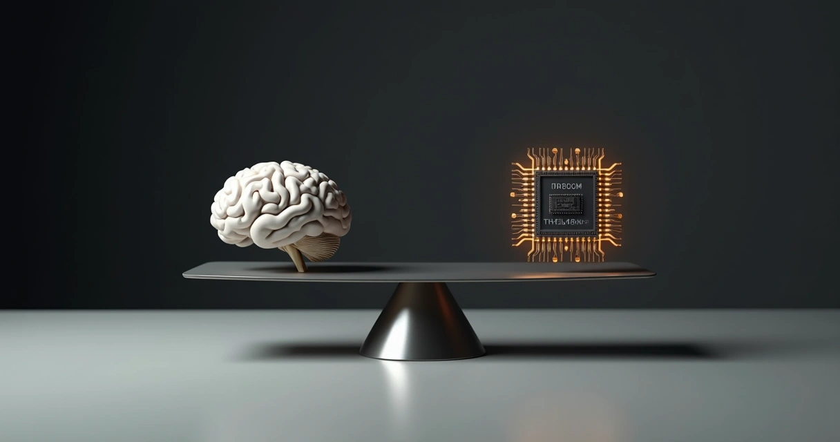 Balanza con cerebro humano y chip digital en equilibrio sobre una mesa