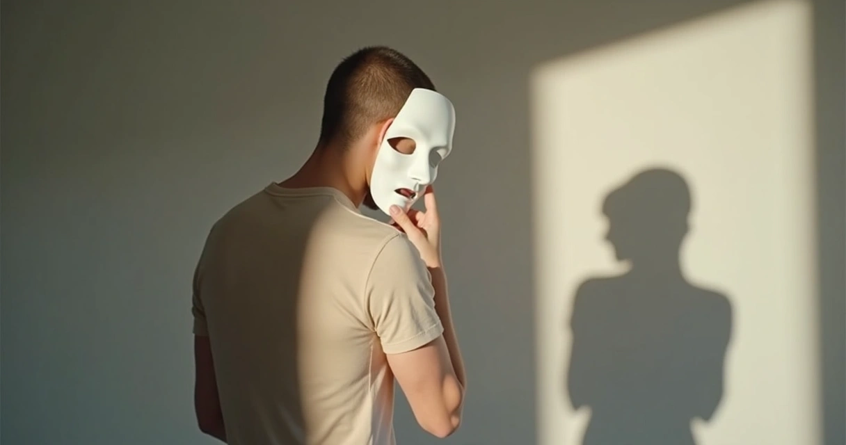 Pessoa segurando máscara branca diante de sombra exagerada na parede 