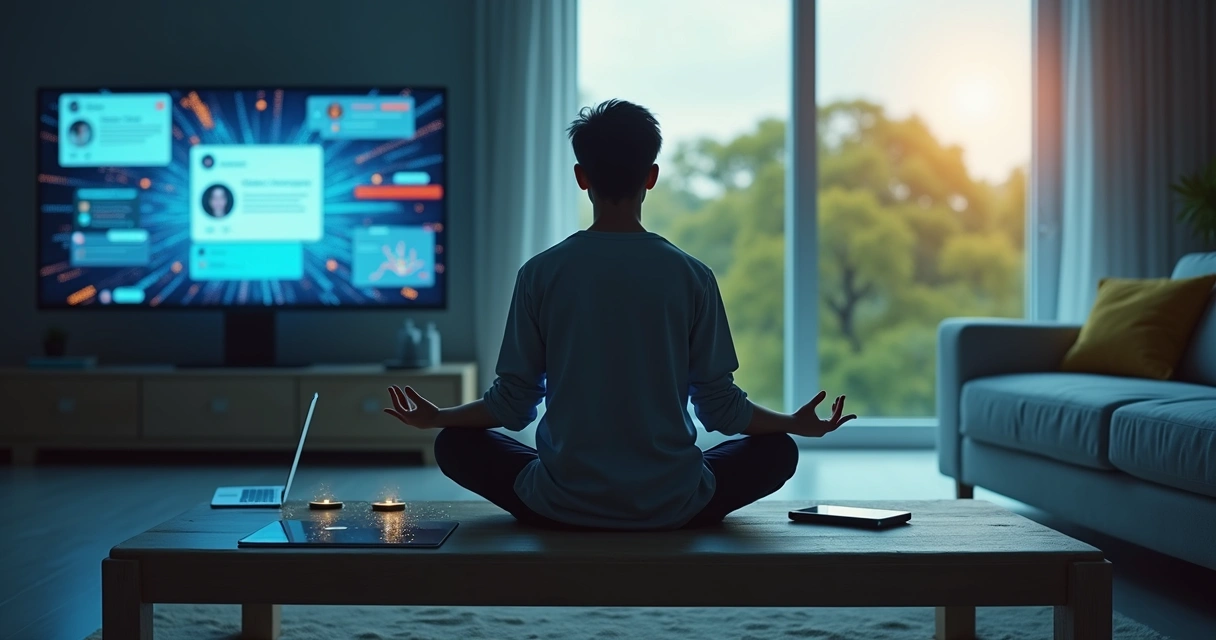 Pessoa sentada entre telas digitais brilhantes e uma janela para a natureza 