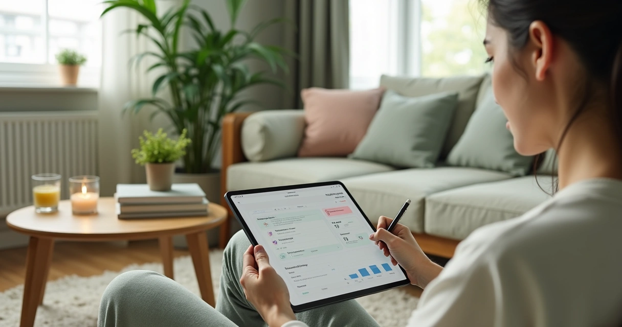 Pessoa relaxa em sofá confortável segurando caderno de orçamento ao lado de plantas e gráficos simples 