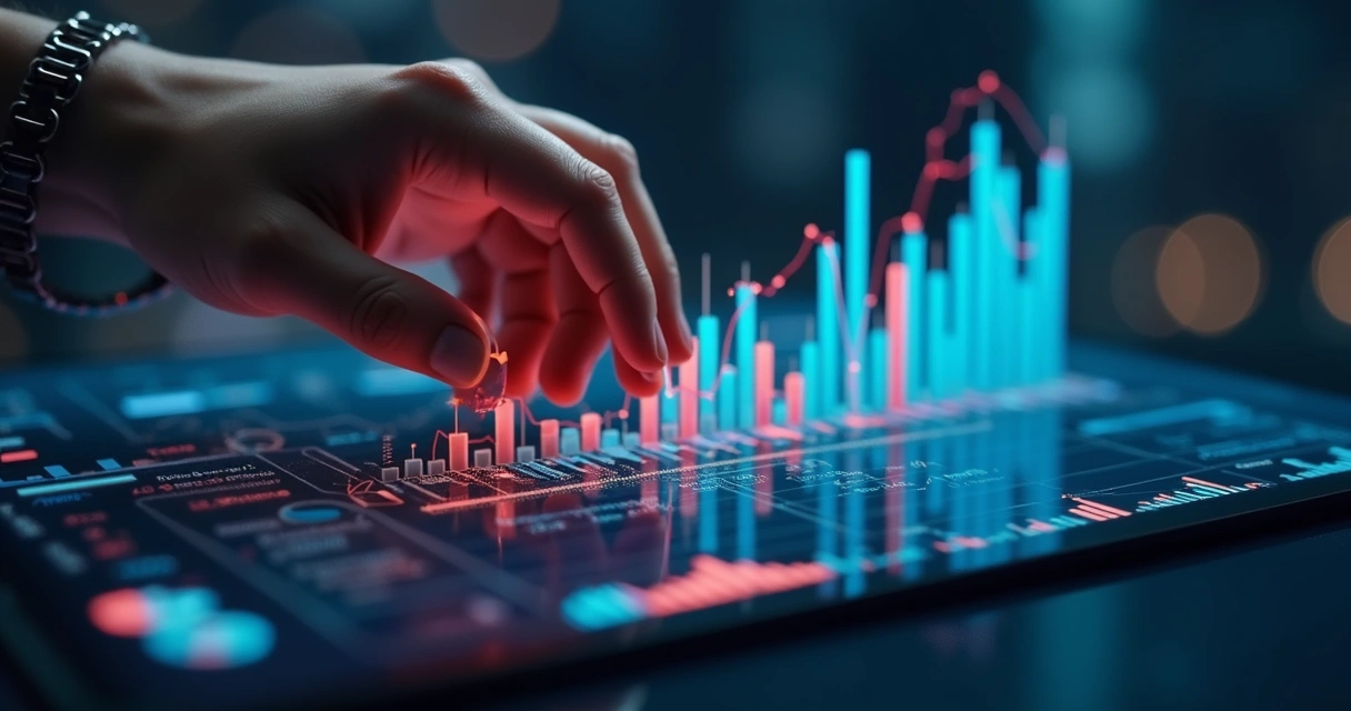 Pessoa analisando gráficos financeiros em tela digital com símbolos de caos e estabilidade ao redor 