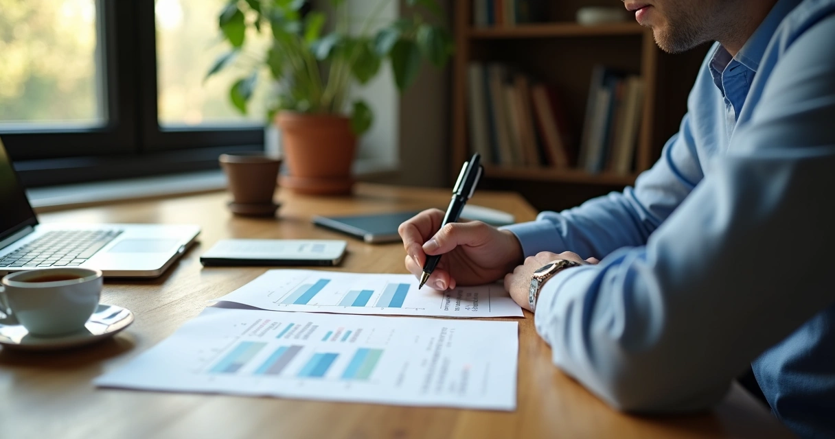 Pessoa analisando extrato financeiro em uma mesa com papéis e laptop, luz suave 