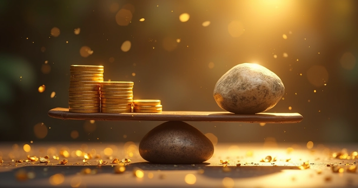 Balança dourada com moedas em um lado e pedra brilhante do outro, fundo com símbolos espirituais 