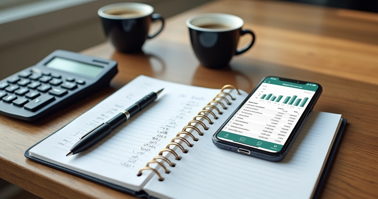 Mesa com calculadora, celular mostrando app de finanças, caderno com anotações de receitas e despesas, caneta e xícaras de café 