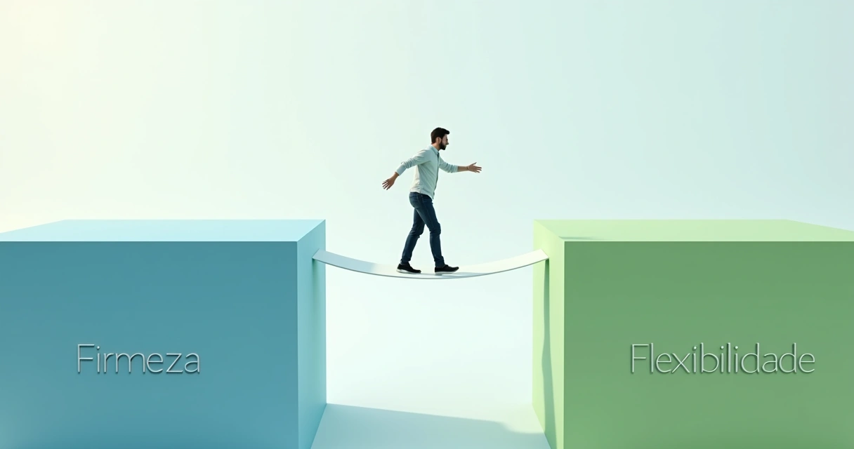 Pessoa caminhando em cima de uma linha entre dois extremos, simbolizando equilíbrio entre flexibilidade e firmeza 
