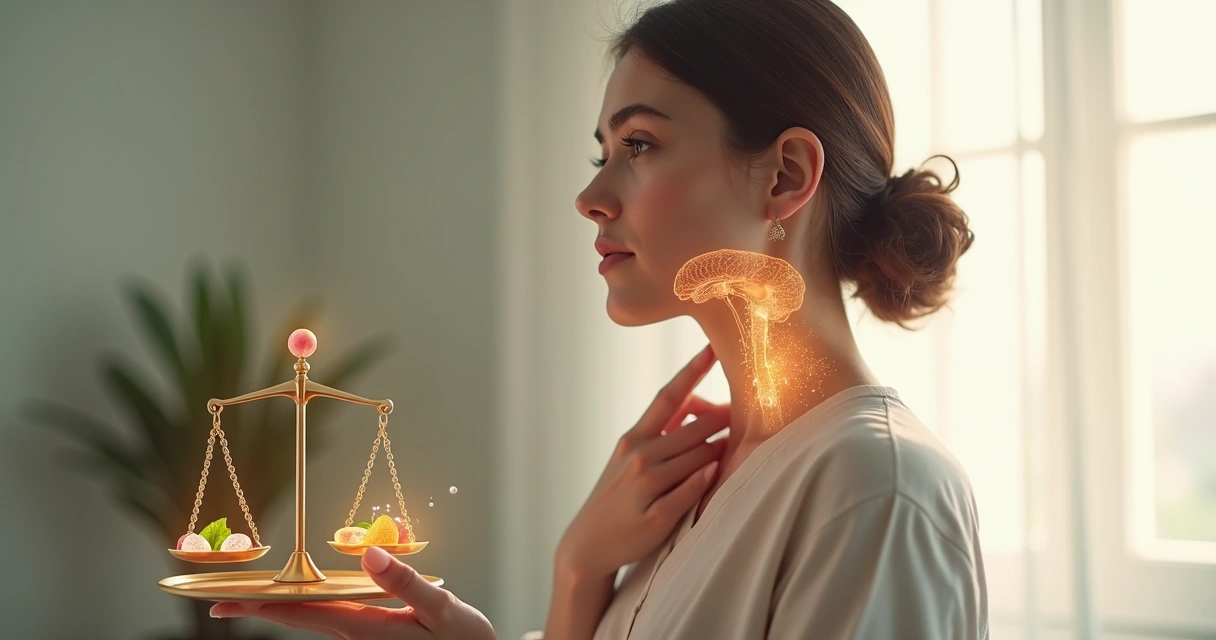 Ilustração de corpo feminino com balanço representando hormônios em equilíbrio 
