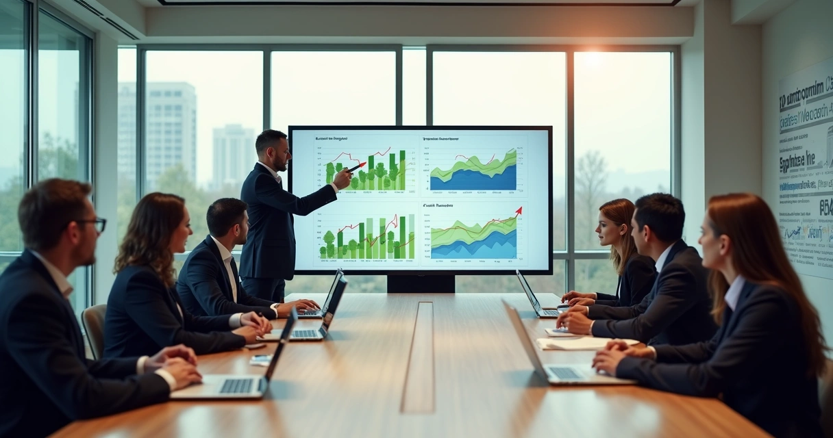 Executivos em mesa de reunião olhando para gráficos que equilibram impacto social e lucro 