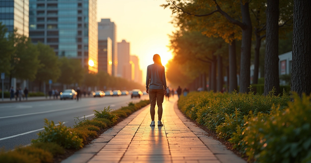 Pessoa em pé entre cidade movimentada e floresta tranquila, simbolizando equilíbrio entre individual e coletivo 