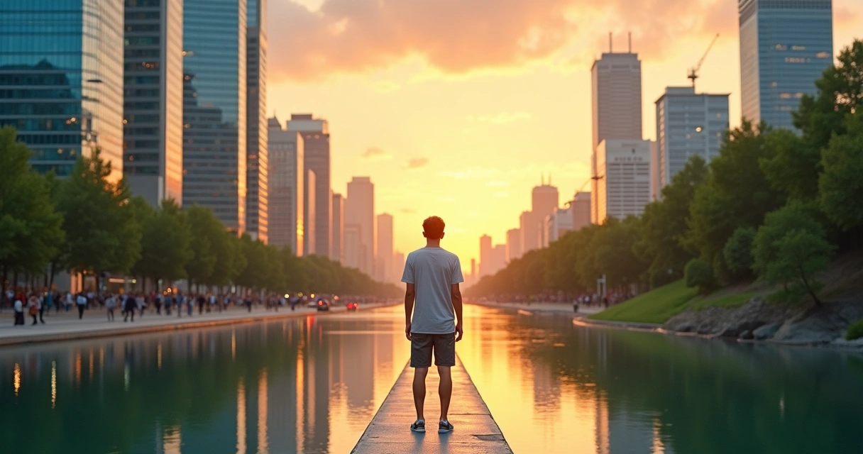 Pessoa em pé na linha divisória entre cidade e natureza simbolizando equilíbrio entre individualidade e coletividade 