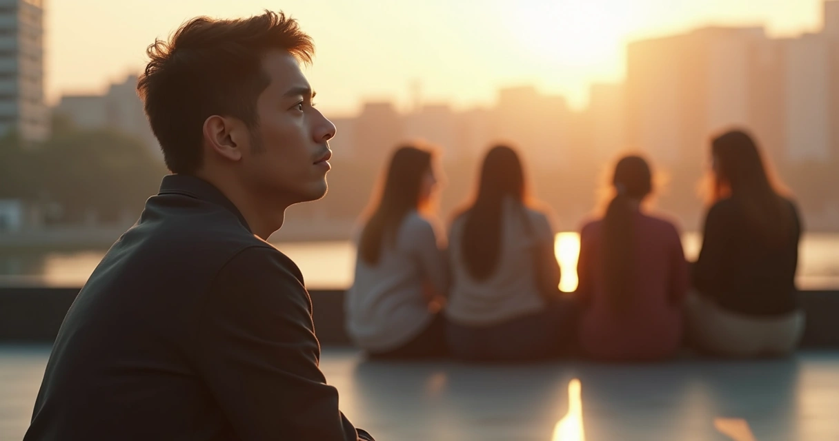 Pessoa em destaque refletindo, com grupo ao fundo em sintonia 