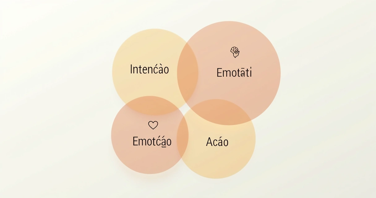 Desenho de três círculos se sobrepondo, representando intenção, emoção e ação, em tons neutros 