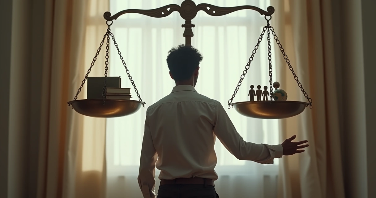 Pessoa refletindo com uma balança de dois pratos, simbolizando equilíbrio entre interesses pessoais e coletivos 