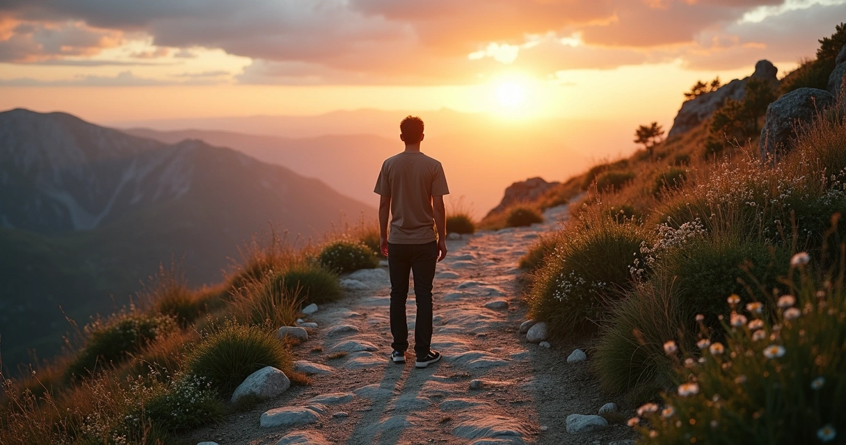 Persona contemplando el horizonte en un sendero de montaña al atardecer 