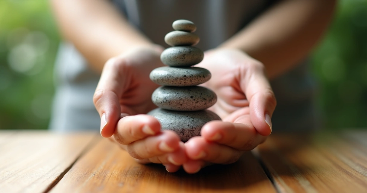 Manos abiertas mostrando piedras equilibradas en forma de pirámide sobre una mesa de madera 