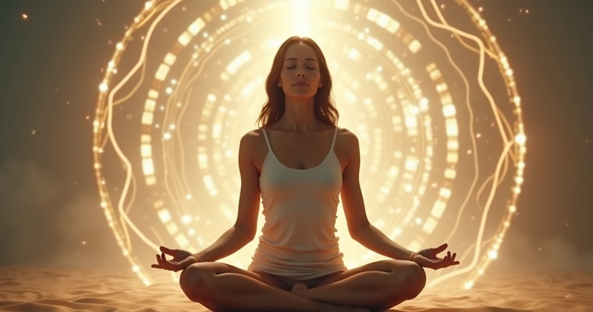 Pessoa meditando de olhos fechados, com fundo claro e elementos sutis simbolizando equilíbrio interno