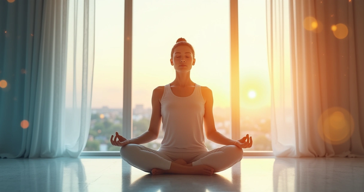 Pessoa sentada em posição de meditação no centro de um ambiente iluminado, expressão de serenidade, luz suave ao redor