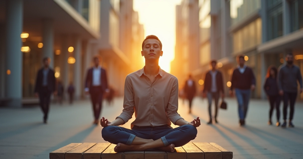 Pessoa sentada em silêncio mantendo equilíbrio interno enquanto comentários de julgamento passam ao redor 