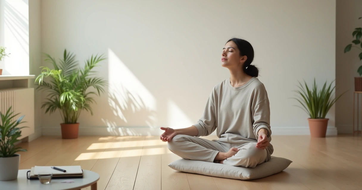 Pessoa sentada em postura de meditação em sala clara com luz suave 