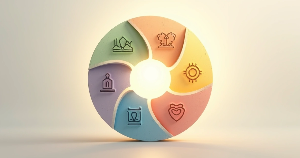 Círculo com cinco elementos desenhados em equilíbrio, cada um representando um pilar, em fundo claro e neutro 