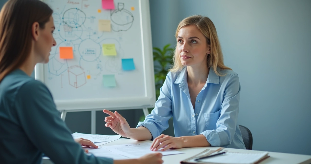 Profissional ajustando planejamento em atendimento com papeis e lousa ao fundo 