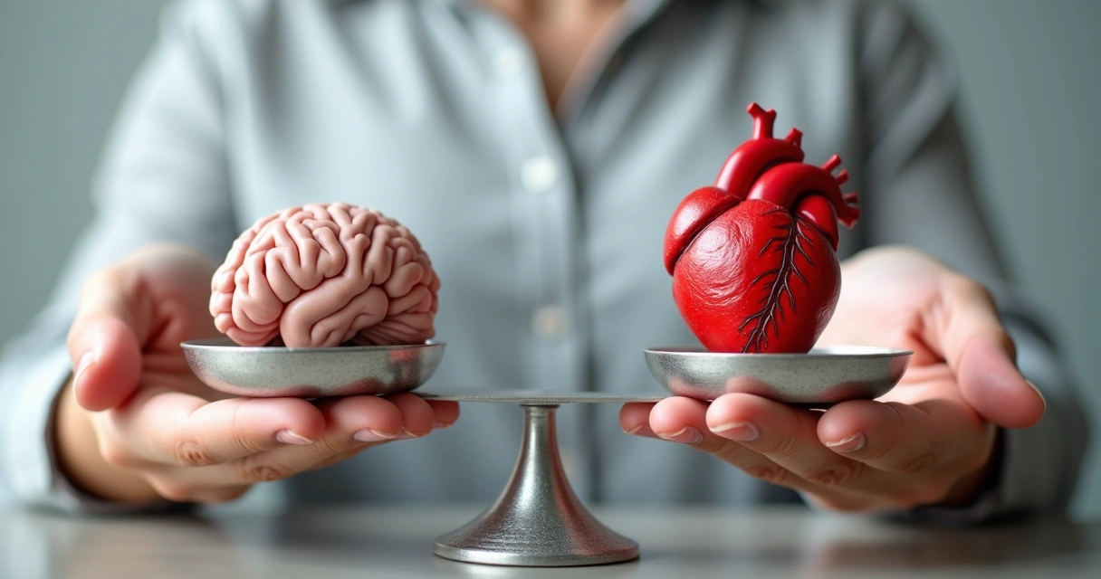 Mão segurando uma balança prateada, equilibrando um cérebro de um lado e um coração do outro 